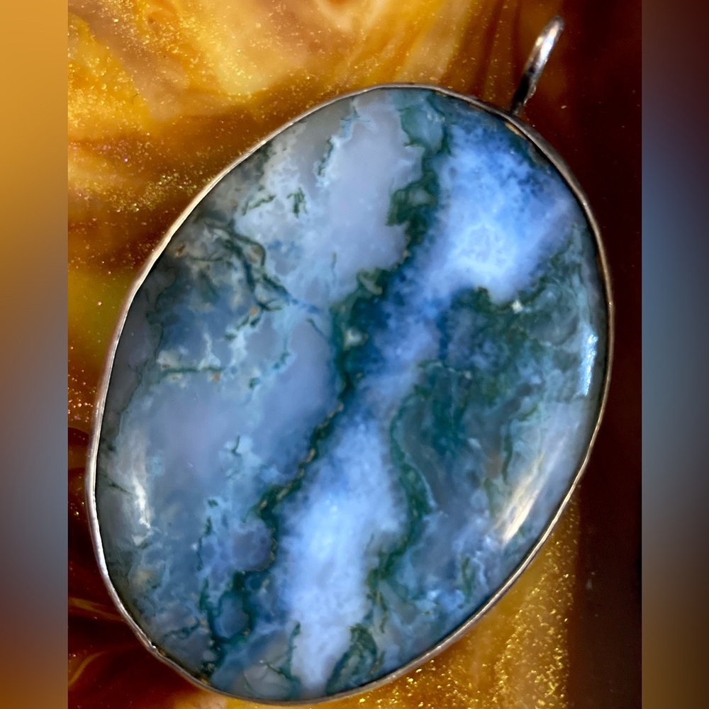 Vintage Sterling Silver Artisan Moss Agate Pendant